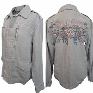 Zadig & Voltaire Kid Linen Glacier Blue Skull Embroidered Utility Jacket XS